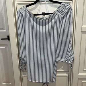 Women’s SZ M OLIVACEOUS blue and white striped off the shoulder top